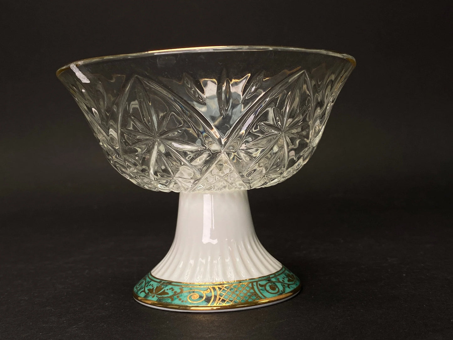 KURIYAMA Compote Bowl Ikebana Vase, Japanese RARE Glass & Ceramic bowl, W5" Flower Arrangement Vintage, White Glass goblet, Made in Japan