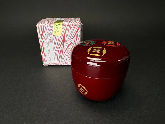 Japanese Makie Natsume, Red Tea Caddy, NEW, traditional pattern, Wood Lacquer ware, tea utensil