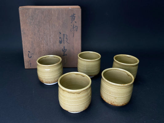 Sake Cups Set, Guinomi  Kiseto Seto Ware, Wabi Sabi wooden box signed, Yellow Ash glaze, Art Pottery
