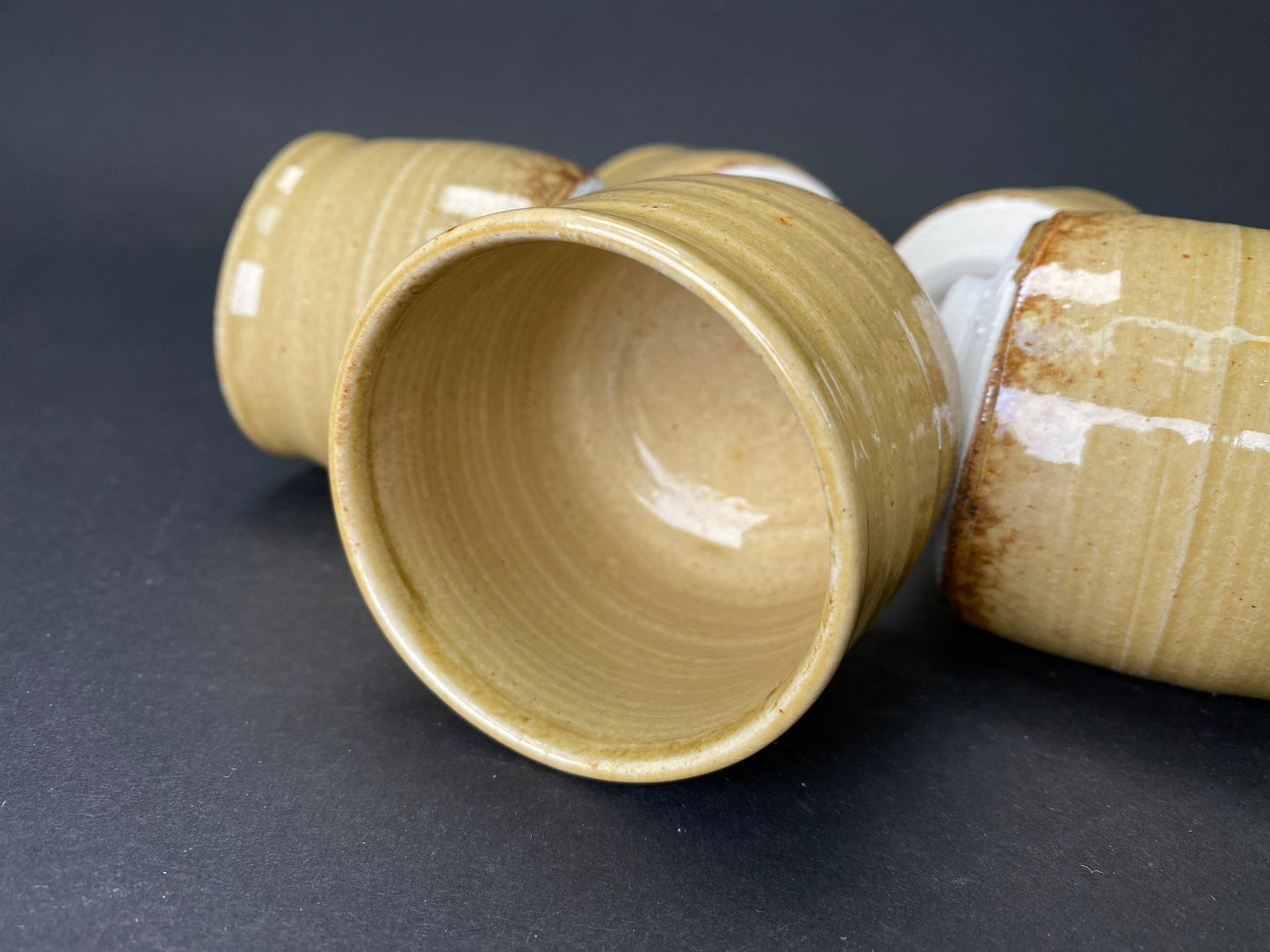 Sake Cups Set, Guinomi  Kiseto Seto Ware, Wabi Sabi wooden box signed, Yellow Ash glaze, Art Pottery