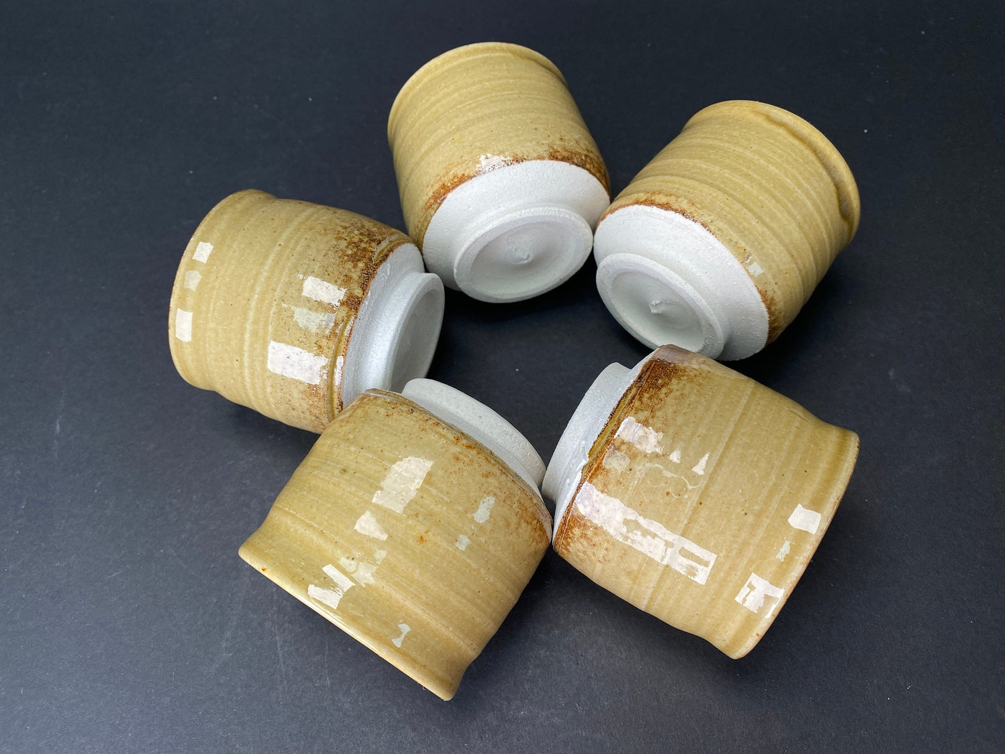 Sake Cups Set, Guinomi  Kiseto Seto Ware, Wabi Sabi wooden box signed, Yellow Ash glaze, Art Pottery