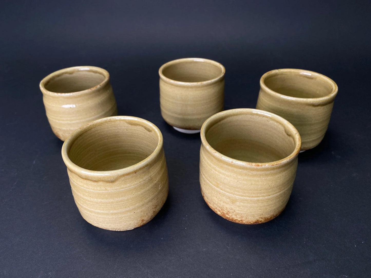 Sake Cups Set, Guinomi  Kiseto Seto Ware, Wabi Sabi wooden box signed, Yellow Ash glaze, Art Pottery