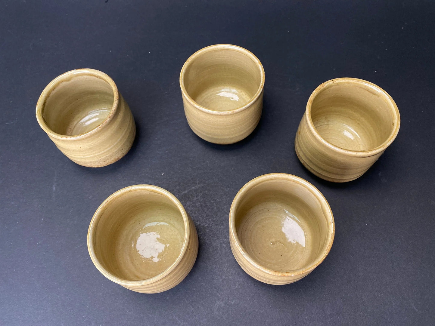 Sake Cups Set, Guinomi  Kiseto Seto Ware, Wabi Sabi wooden box signed, Yellow Ash glaze, Art Pottery