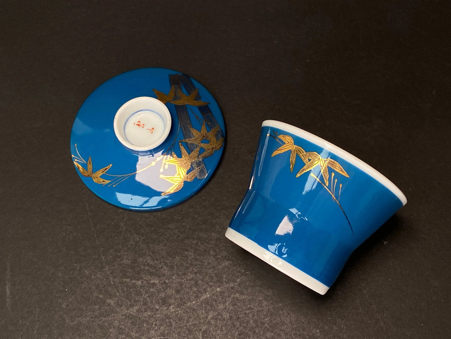 Japan Chawanmushi Egg Custard Bowl Cup: Porcelain Bule and Gold bamboo JAPAN MADE 2.7"