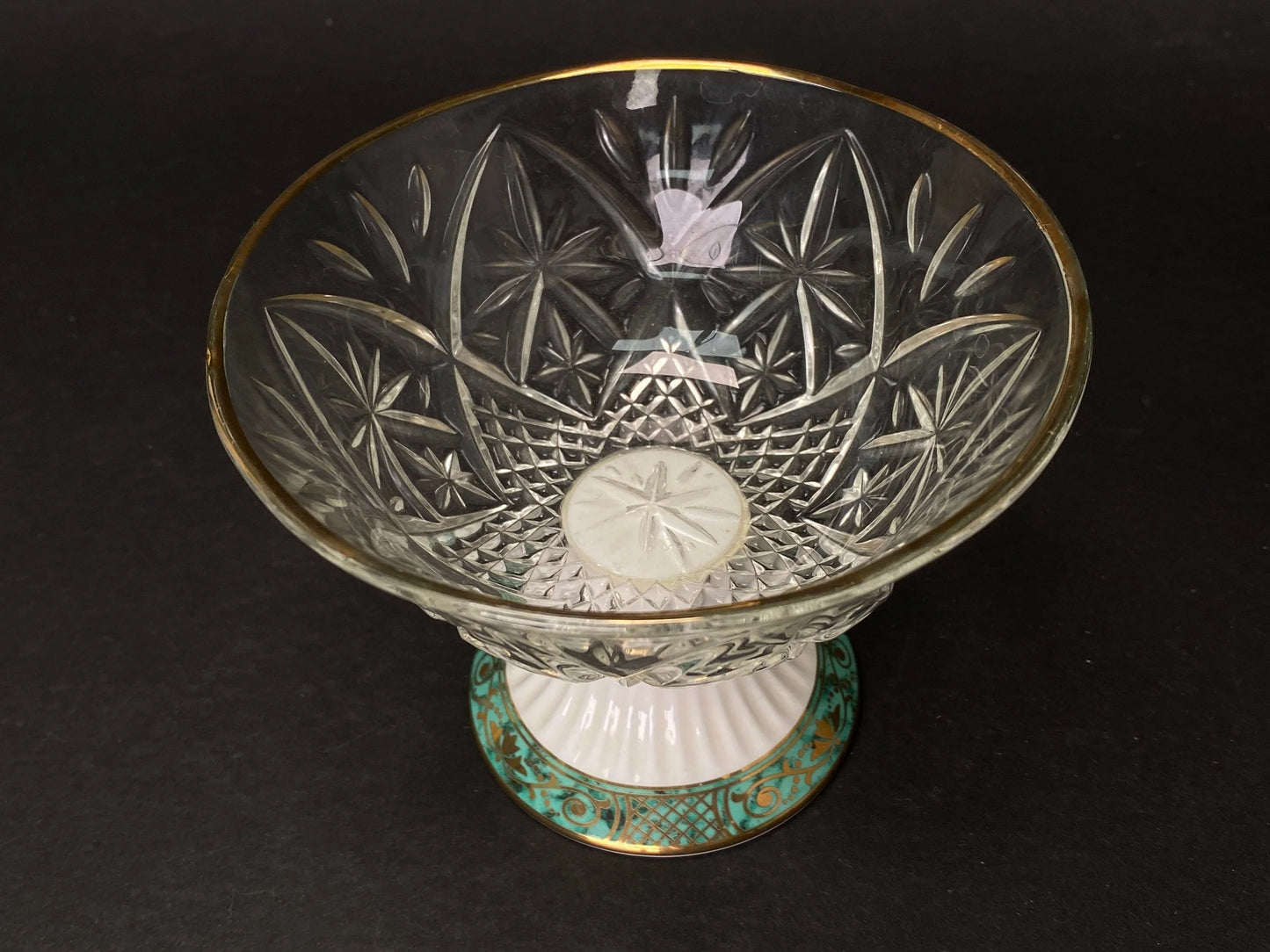 KURIYAMA Compote Bowl Ikebana Vase, Japanese RARE Glass & Ceramic bowl, W5" Flower Arrangement Vintage, White Glass goblet, Made in Japan