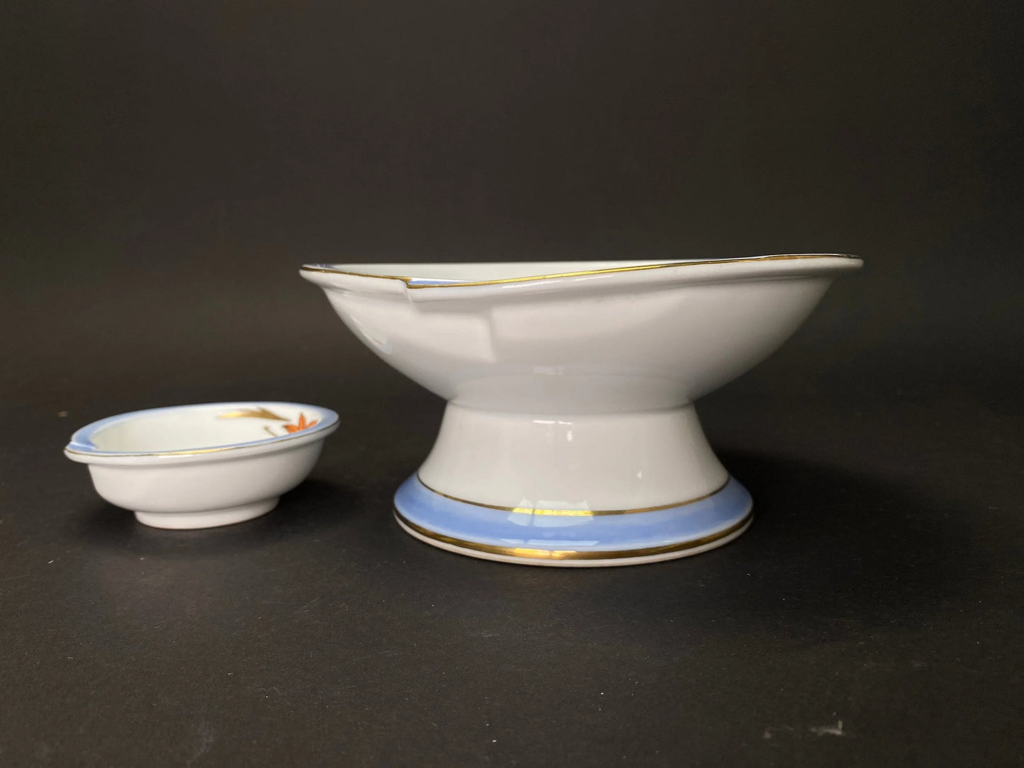Japanese Giyaman Style High Base Bowl set of 2, W7" Flower Arrangement Vintage, White ikebana vase