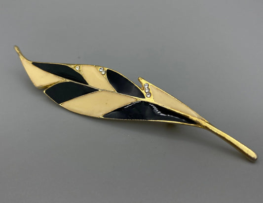 Japanese Leaf Brooch gold plated brass, black and white vintage jewelry, classic brooch, mint condition