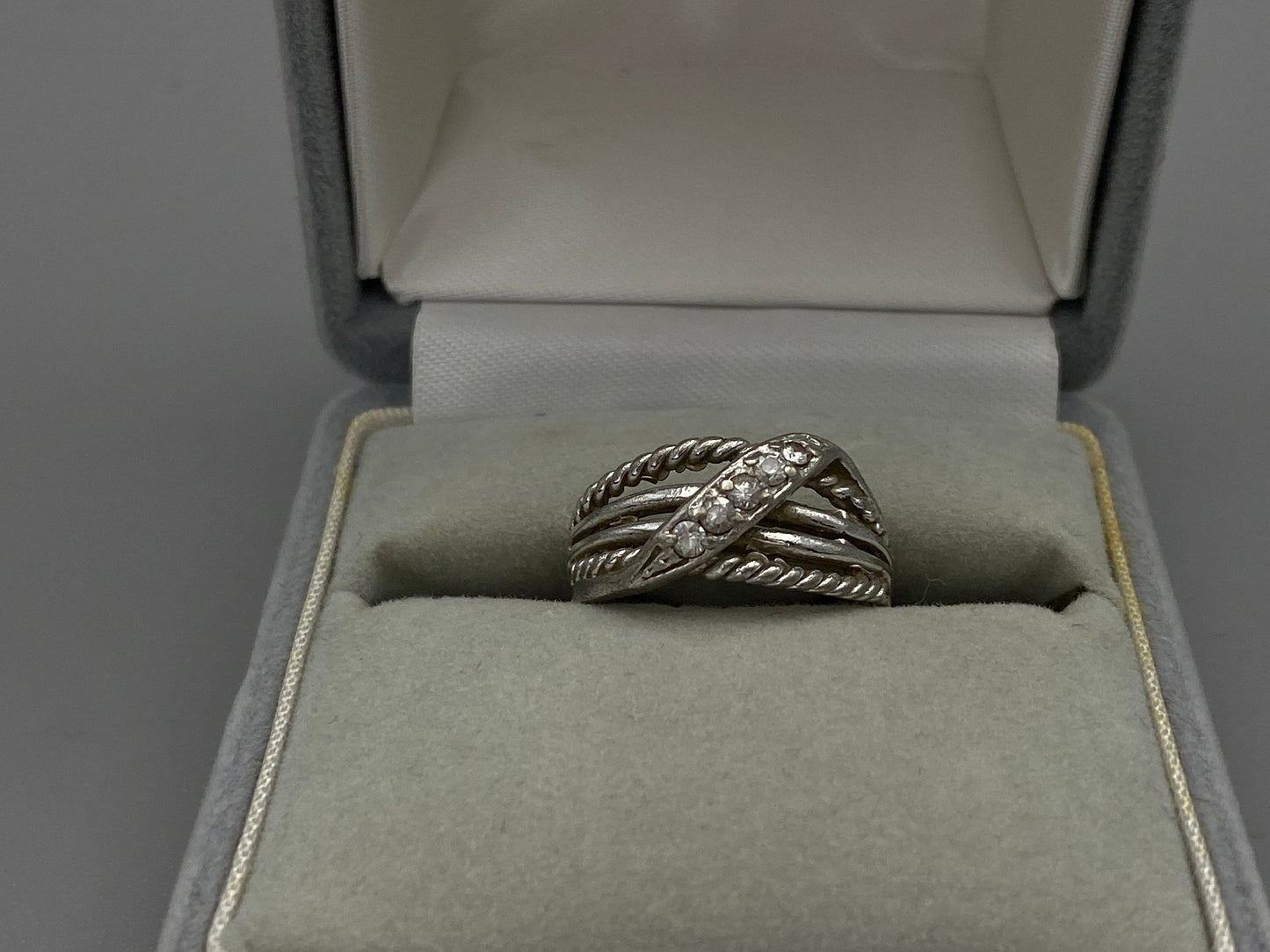 Japanese Vintage Silver Ring 950 Sterling Silver, Clear Stone Band Ring, w/box