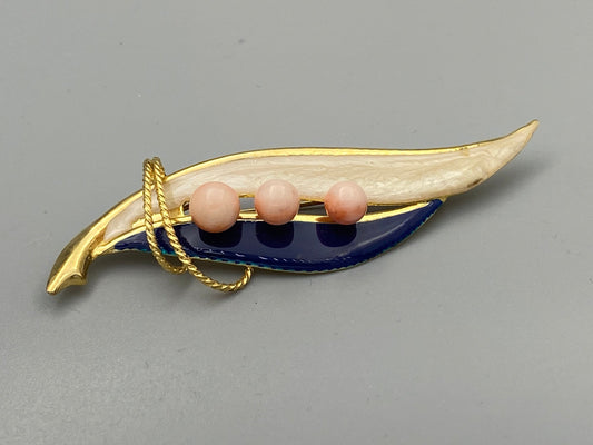 Japanese Vintage Brooch Coral Leaf Design, Bicolor Cloisonné Gold, Vintage pin, classic brooch, mint condition