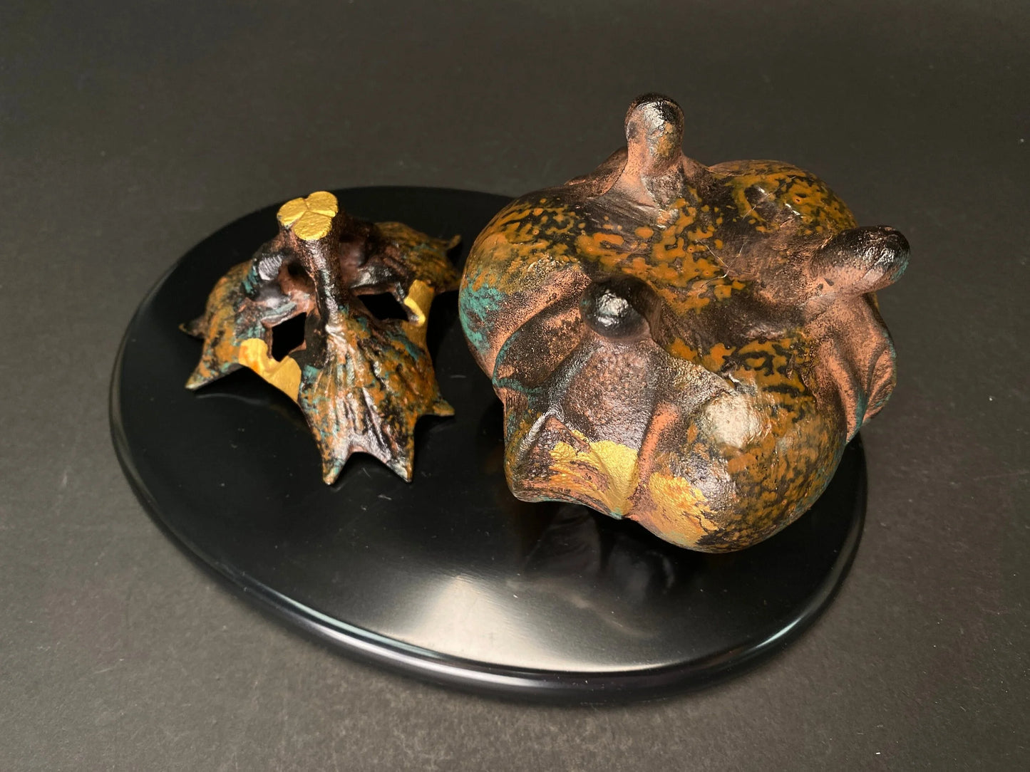 Eggplant KORO Metal Statue！  Incense Burner Japanese, with black plate, 5.3” tall, Original box, Gold painting on black base