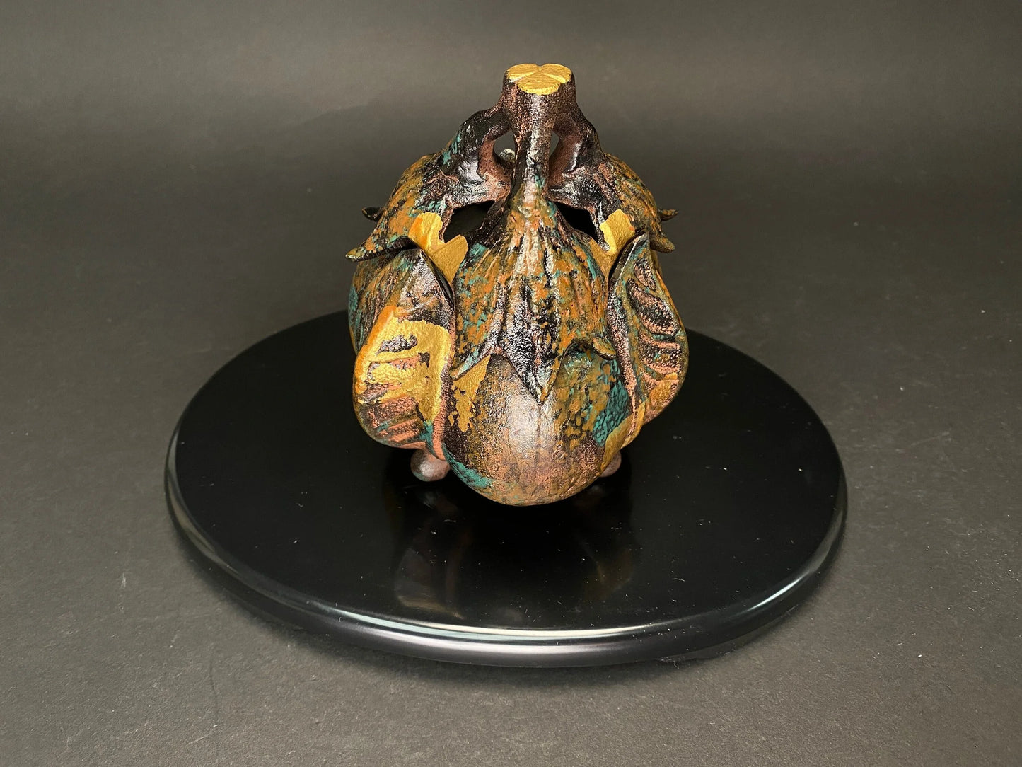 Eggplant KORO Metal Statue！  Incense Burner Japanese, with black plate, 5.3” tall, Original box, Gold painting on black base