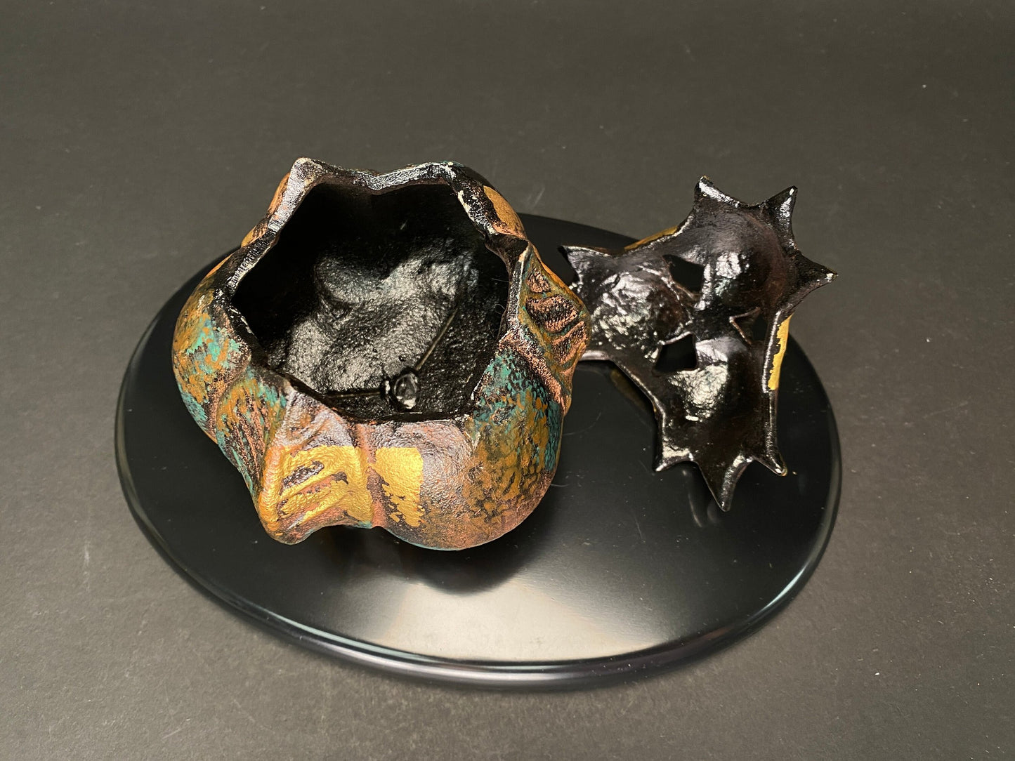 Eggplant KORO Metal Statue！  Incense Burner Japanese, with black plate, 5.3” tall, Original box, Gold painting on black base