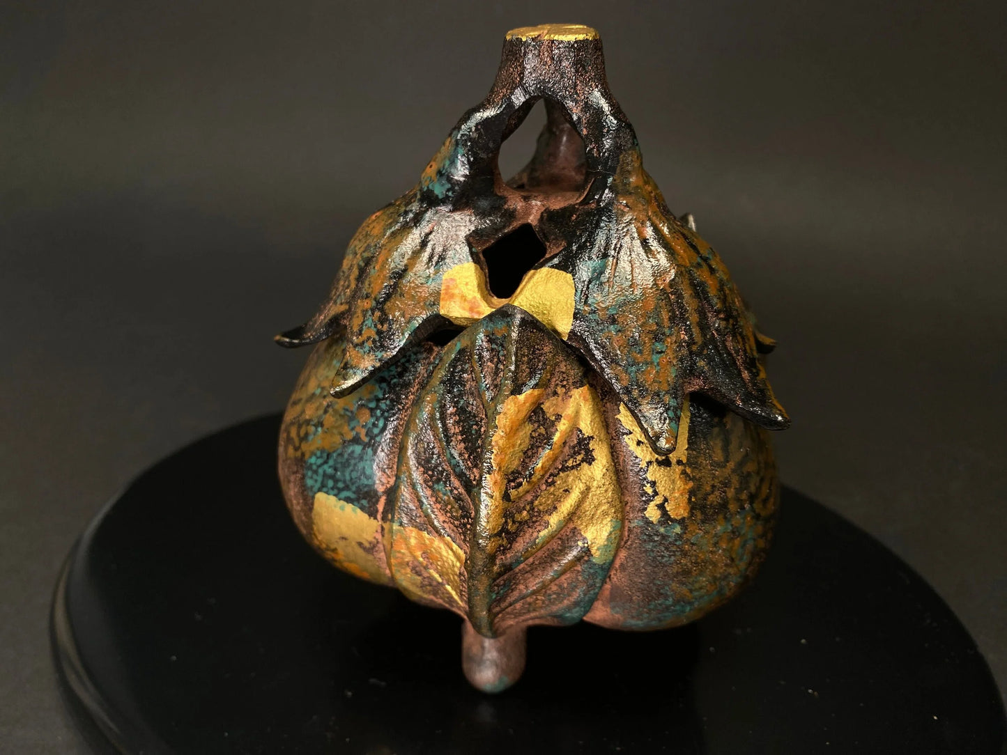 Eggplant KORO Metal Statue！  Incense Burner Japanese, with black plate, 5.3” tall, Original box, Gold painting on black base