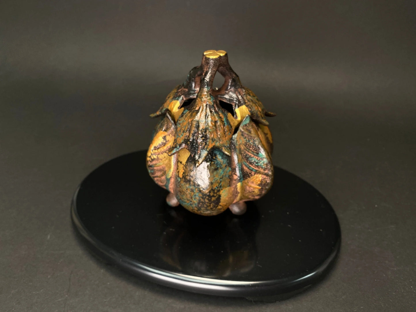 Eggplant KORO Metal Statue！  Incense Burner Japanese, with black plate, 5.3” tall, Original box, Gold painting on black base