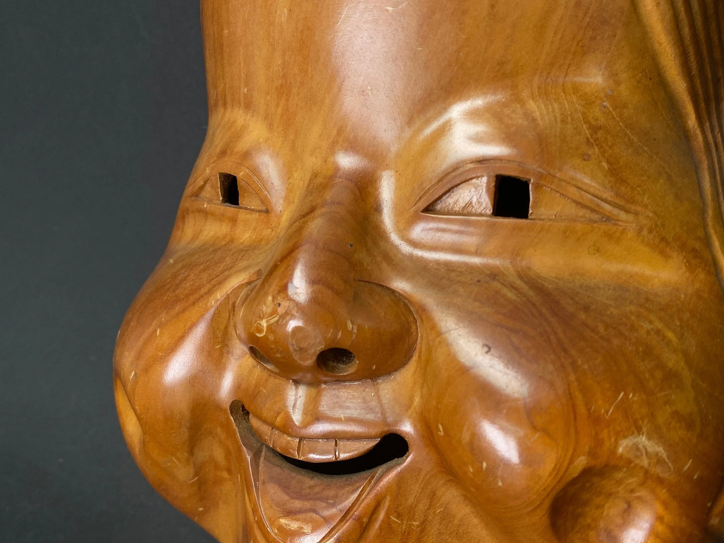 Japanese Wood Okame Noh Mask: Hand Carved Lady Kabuki, H8.75"
