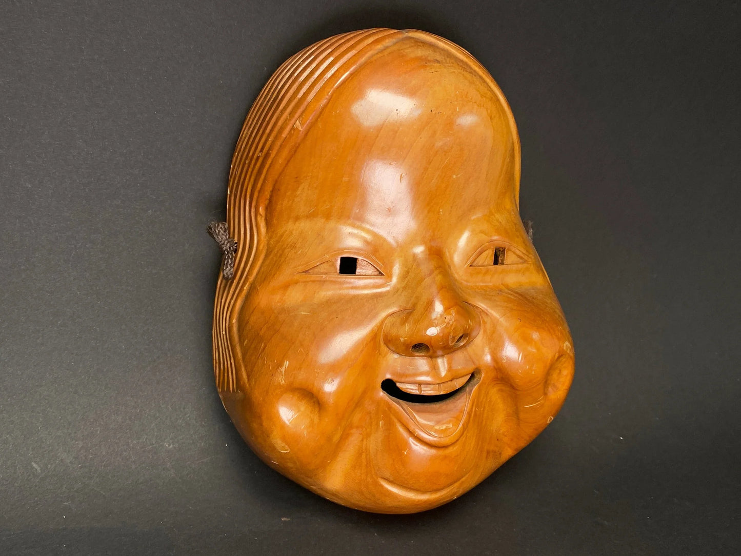 Japanese Wood Okame Noh Mask: Hand Carved Lady Kabuki, H8.75"