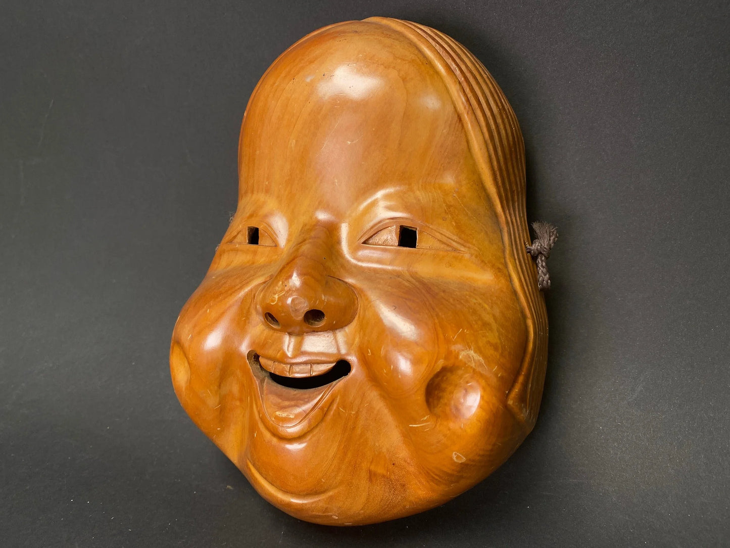 Japanese Wood Okame Noh Mask: Hand Carved Lady Kabuki, H8.75"