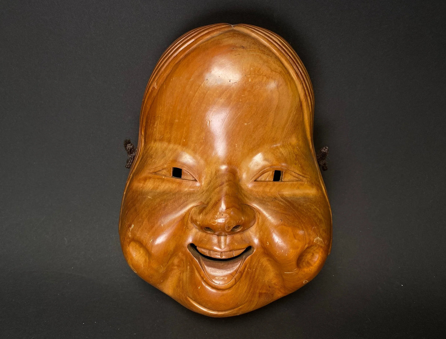 Japanese Wood Okame Noh Mask: Hand Carved Lady Kabuki, H8.75"