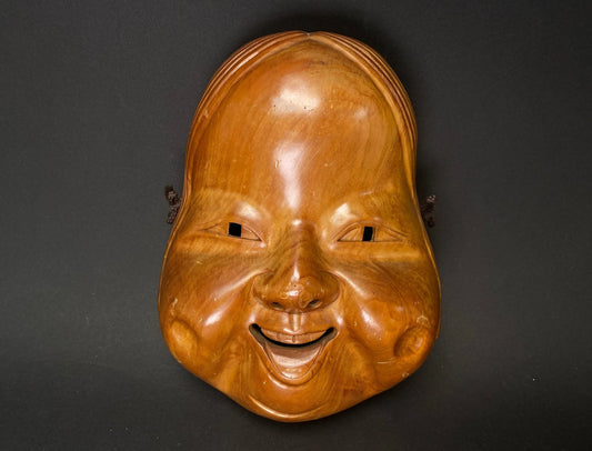 Japanese Wood Okame Noh Mask: Hand Carved Lady Kabuki, H8.75"
