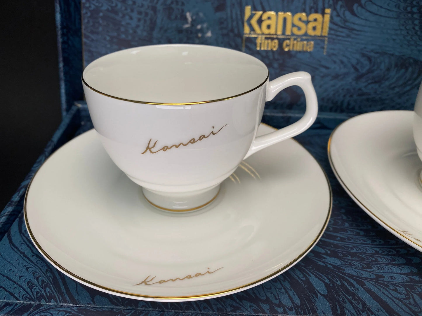 Pair Kansai Cups and Saucers with gold trim, fine china, in gift Box, Japanese Porcelain, Mint Vintage Coffee set