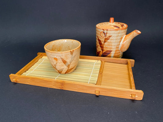 Shigaraki Yaki Tea Cup Set: Japanese Pottery Yunomi with Bamboo Mat, Japanese matcha teacup with mat