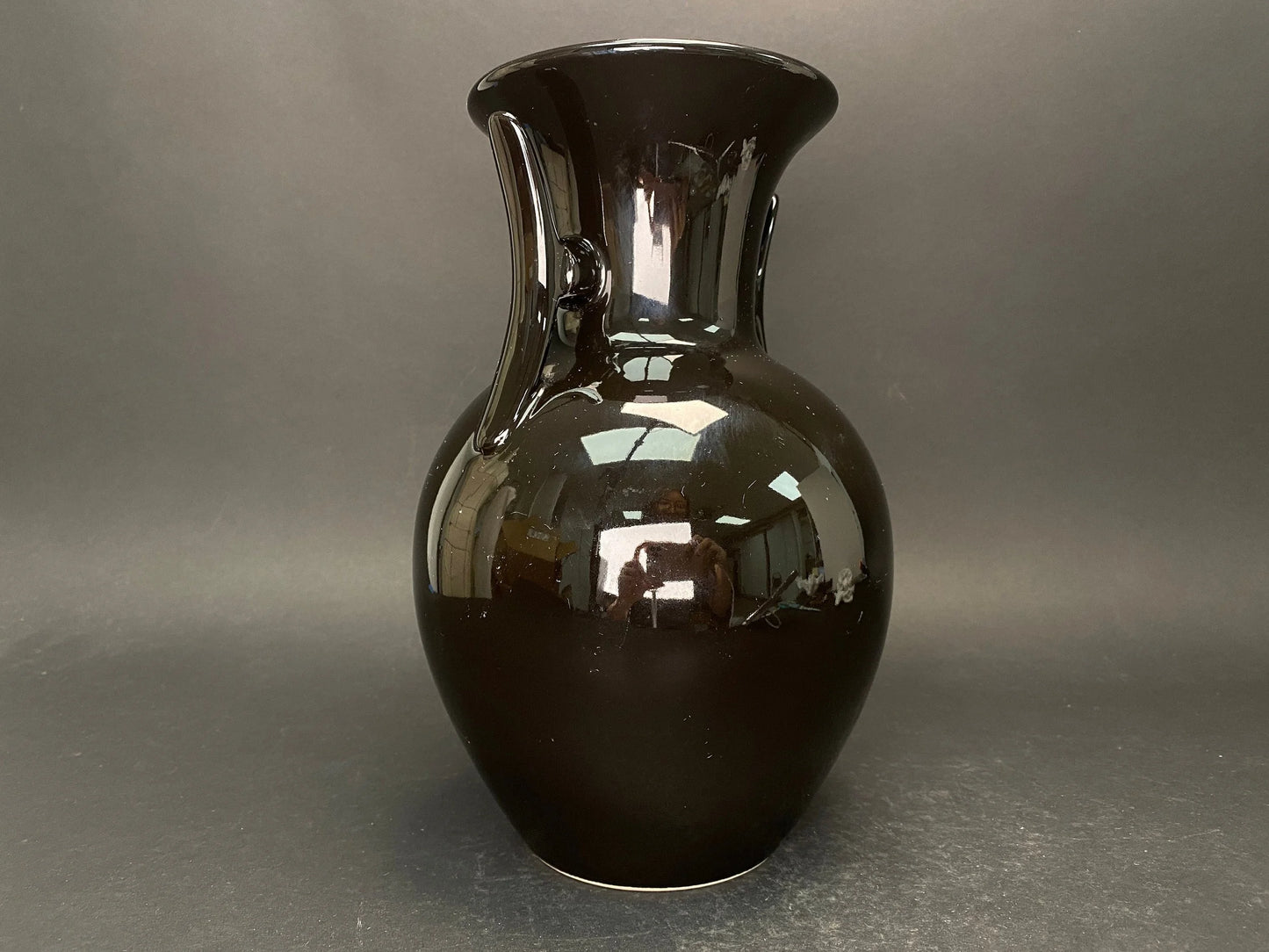 Japanese Vintage Black Vase 10in Tall, Made in Japan, Beautiful Two Handles, Gloss black Vase