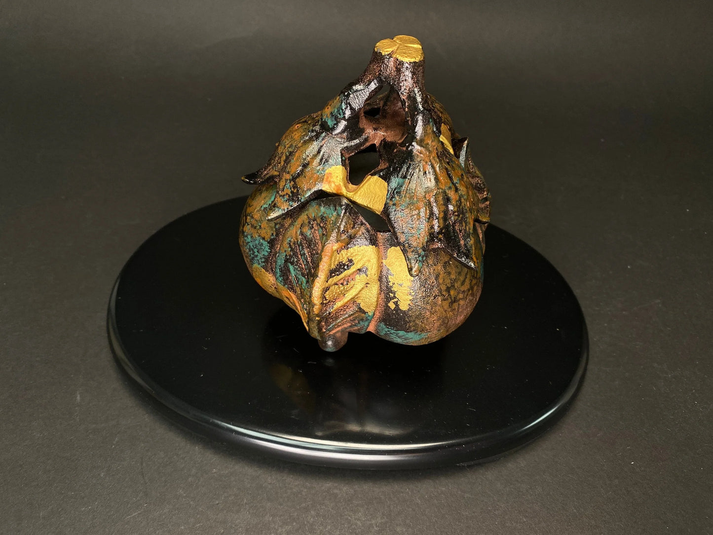 Eggplant KORO Metal Statue！  Incense Burner Japanese, with black plate, 5.3” tall, Original box, Gold painting on black base