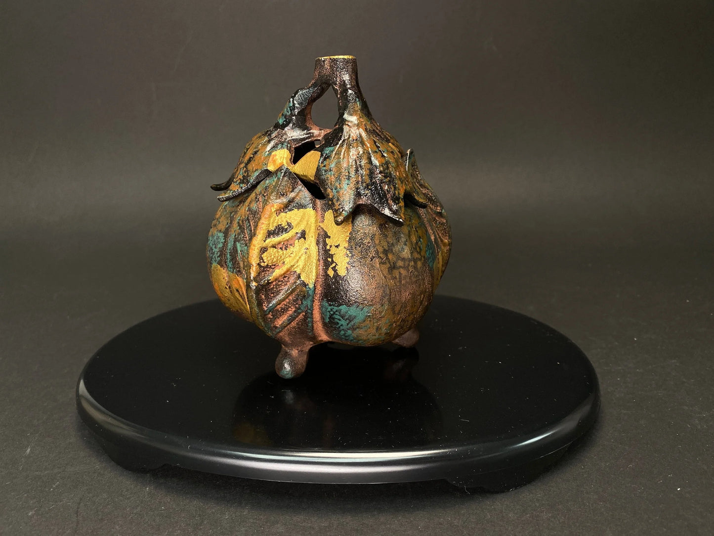 Eggplant KORO Metal Statue！  Incense Burner Japanese, with black plate, 5.3” tall, Original box, Gold painting on black base