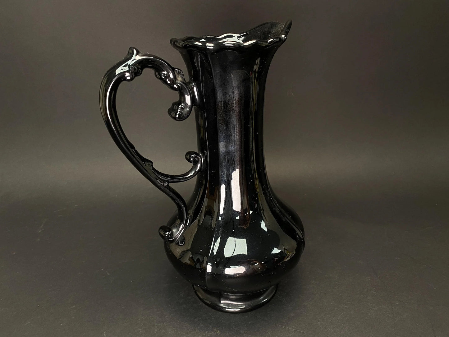 Japanese Big Black Pitcher vintage Vase with side handle, H 11.7" Art Pottery,  Minimal design, bucket with handle