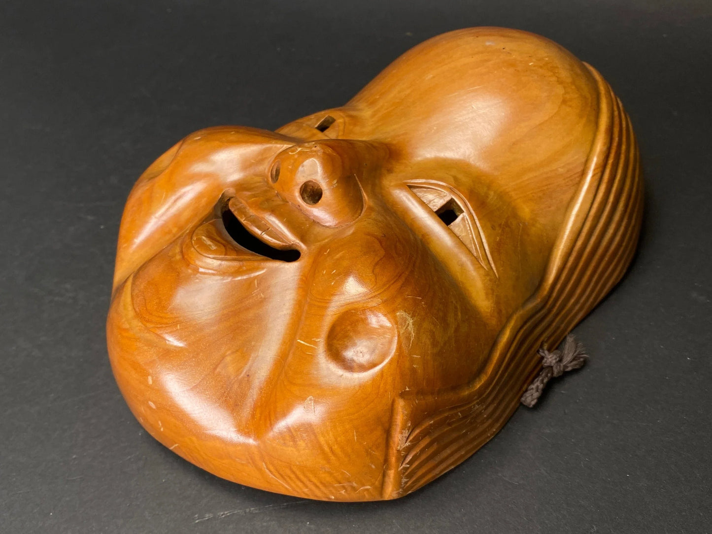 Japanese Wood Okame Noh Mask: Hand Carved Lady Kabuki, H8.75"