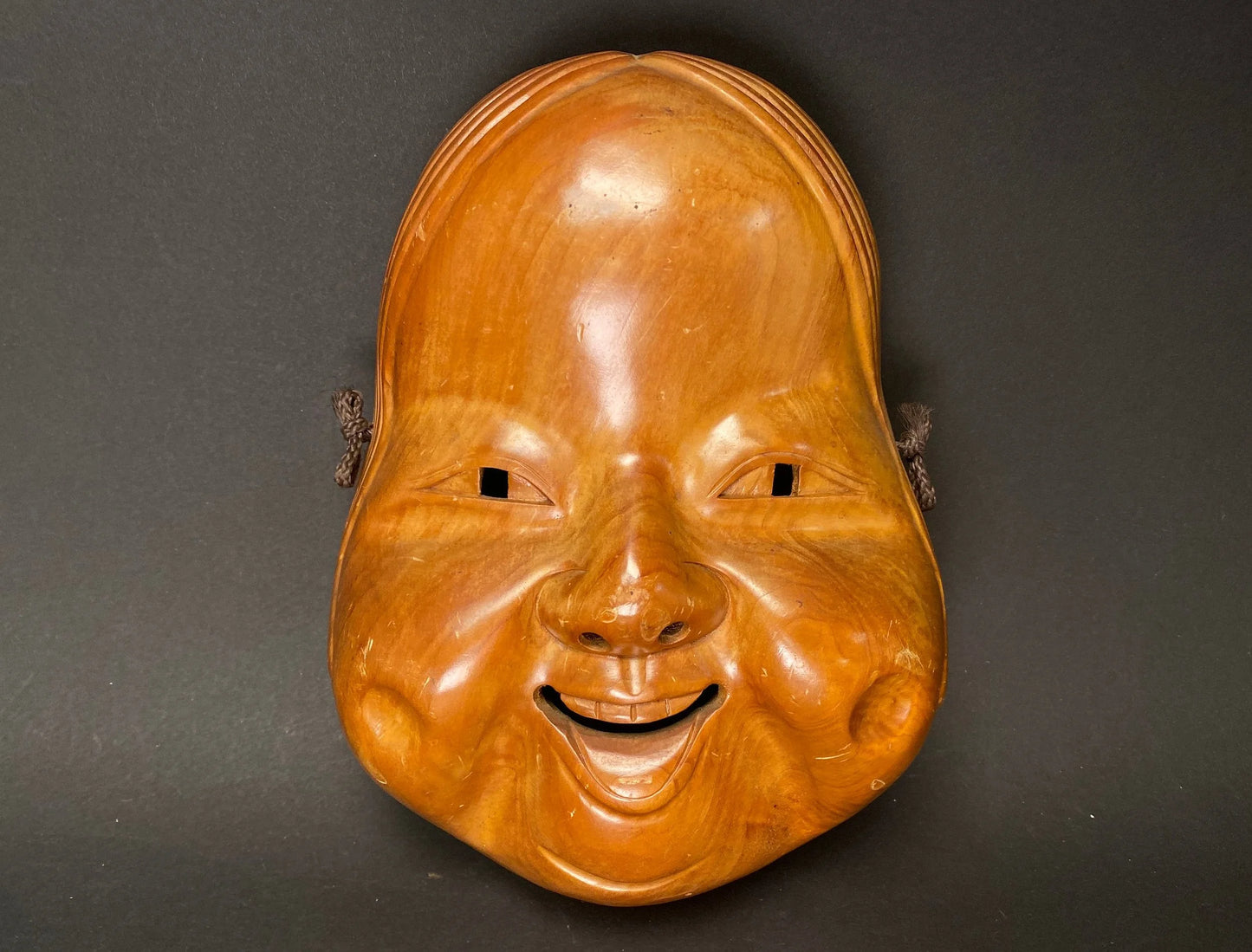 Japanese Wood Okame Noh Mask: Hand Carved Lady Kabuki, H8.75"