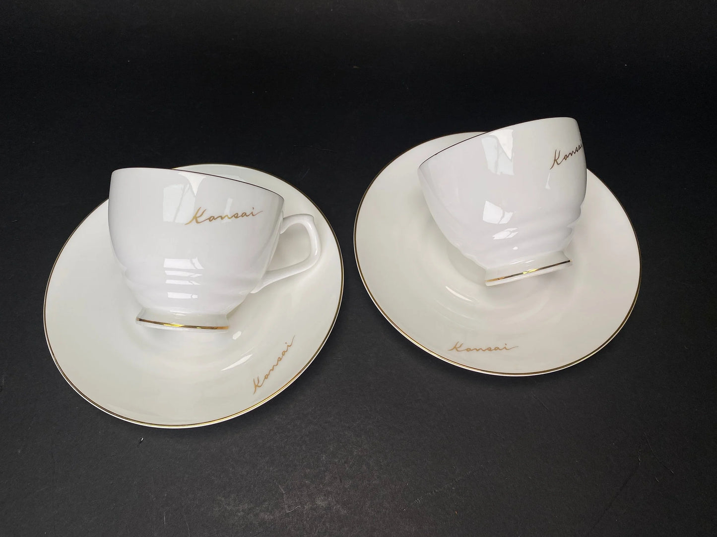 Pair Kansai Cups and Saucers with gold trim, fine china, in gift Box, Japanese Porcelain, Mint Vintage Coffee set