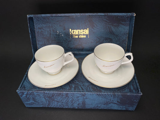 Pair Kansai Cups and Saucers with gold trim, fine china, in gift Box, Japanese Porcelain, Mint Vintage Coffee set
