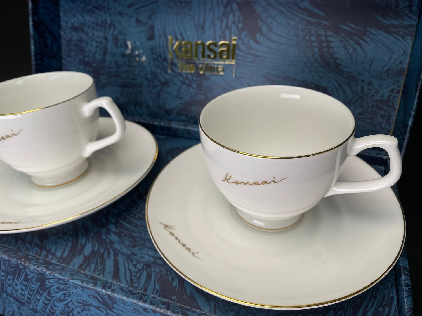 Pair Kansai Cups and Saucers with gold trim, fine china, in gift Box, Japanese Porcelain, Mint Vintage Coffee set