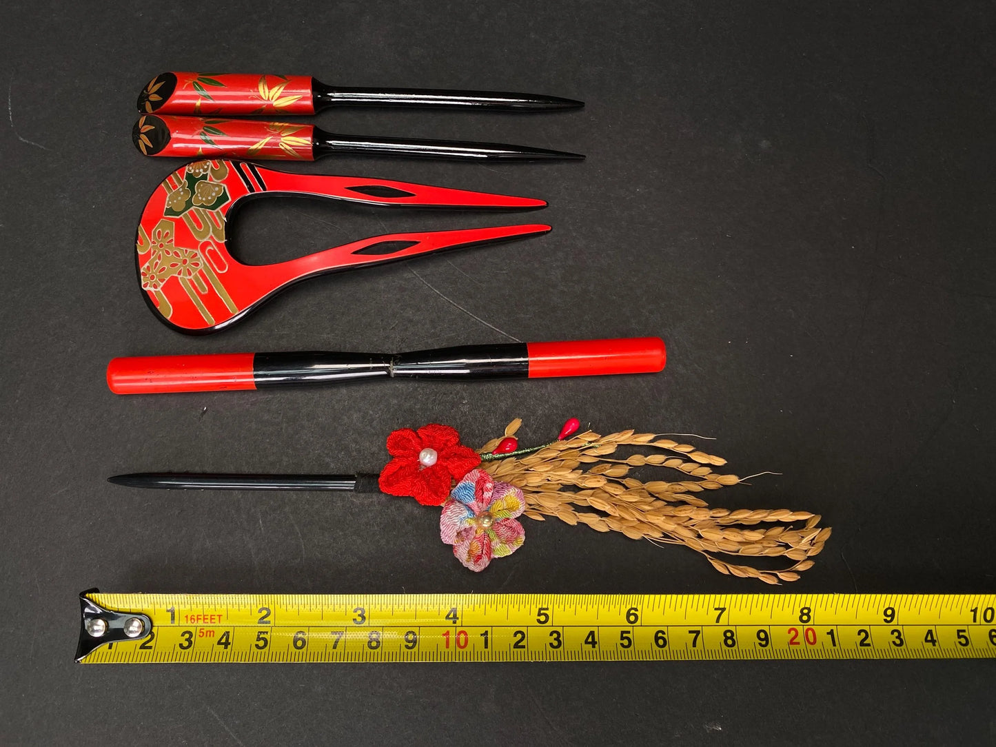 Japanese Kanzashi Kimono Geisha, Red & Black lacquerware hair stick, Tama, Bride Kanzashi, Hair Ornament