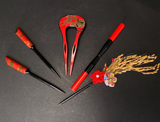 Japanese Kanzashi Kimono Geisha, Red & Black lacquerware hair stick, Tama, Bride Kanzashi, Hair Ornament