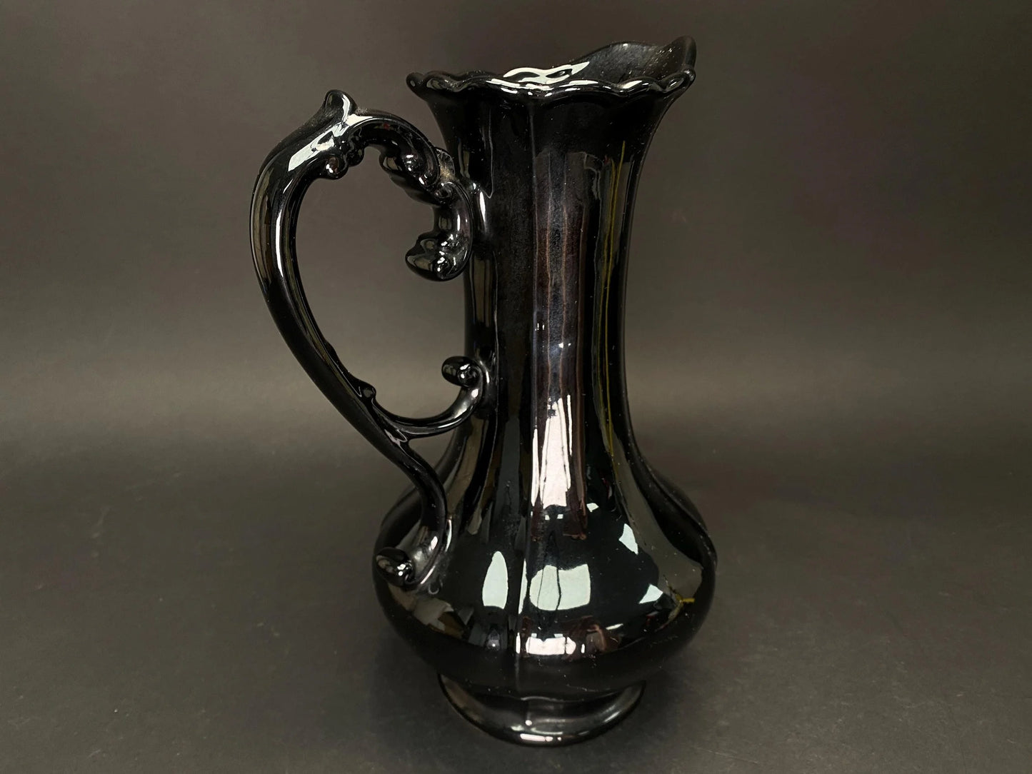 Japanese Big Black Pitcher vintage Vase with side handle, H 11.7" Art Pottery,  Minimal design, bucket with handle