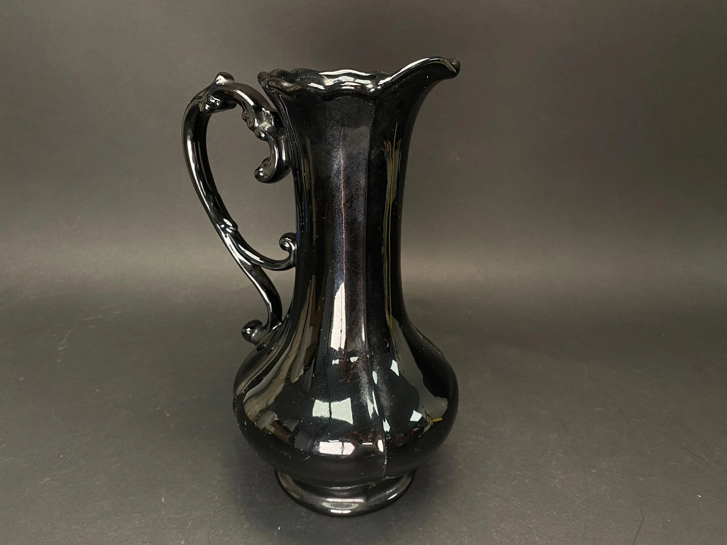 Japanese Big Black Pitcher vintage Vase with side handle, H 11.7" Art Pottery,  Minimal design, bucket with handle
