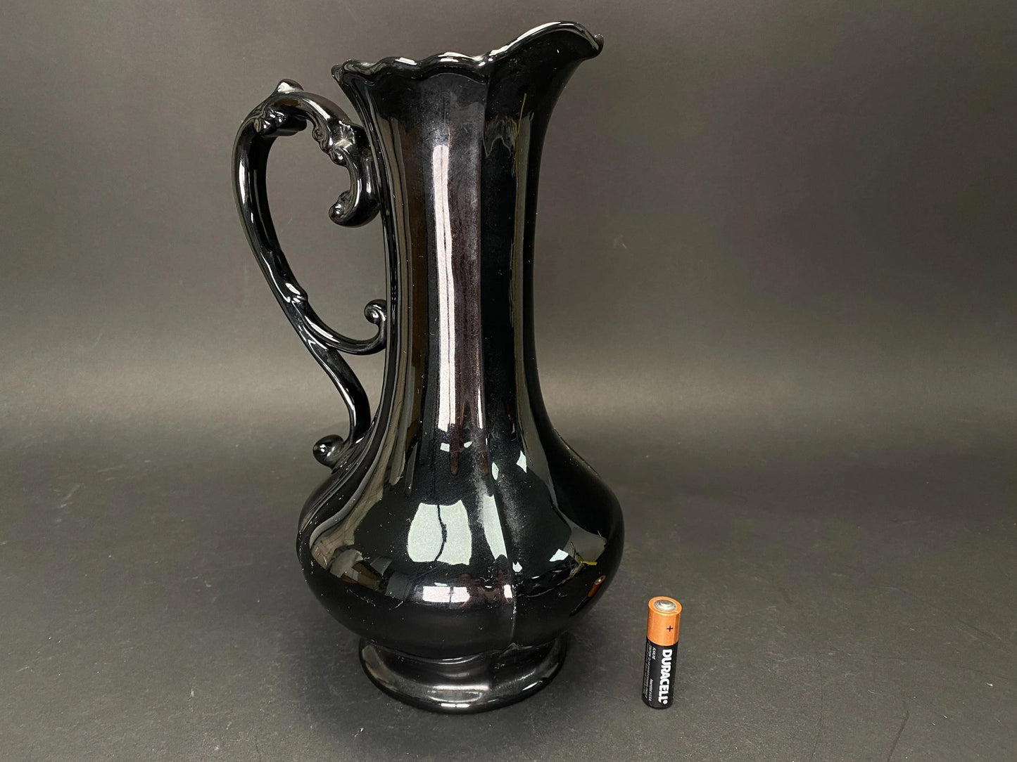 Japanese Big Black Pitcher vintage Vase with side handle, H 11.7" Art Pottery,  Minimal design, bucket with handle