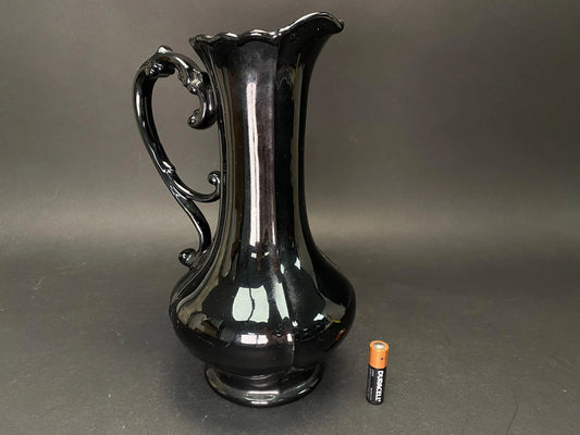 Japanese Big Black Pitcher vintage Vase with side handle, H 11.7" Art Pottery,  Minimal design, bucket with handle