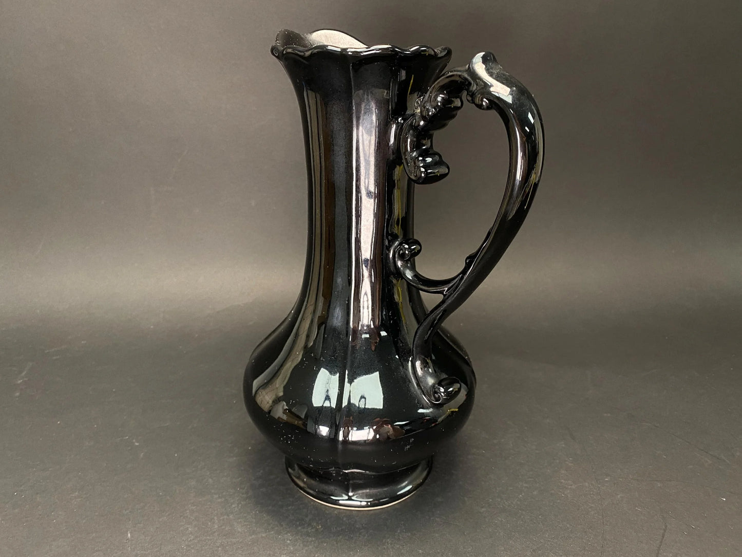 Japanese Big Black Pitcher vintage Vase with side handle, H 11.7" Art Pottery,  Minimal design, bucket with handle