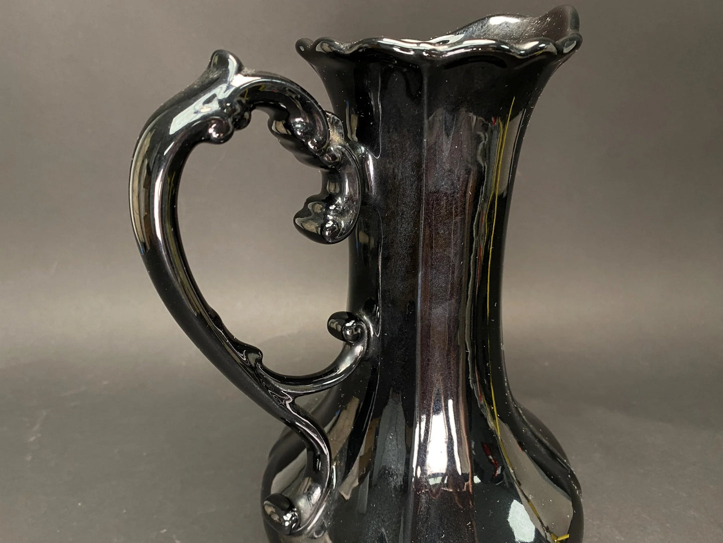 Japanese Big Black Pitcher vintage Vase with side handle, H 11.7" Art Pottery,  Minimal design, bucket with handle