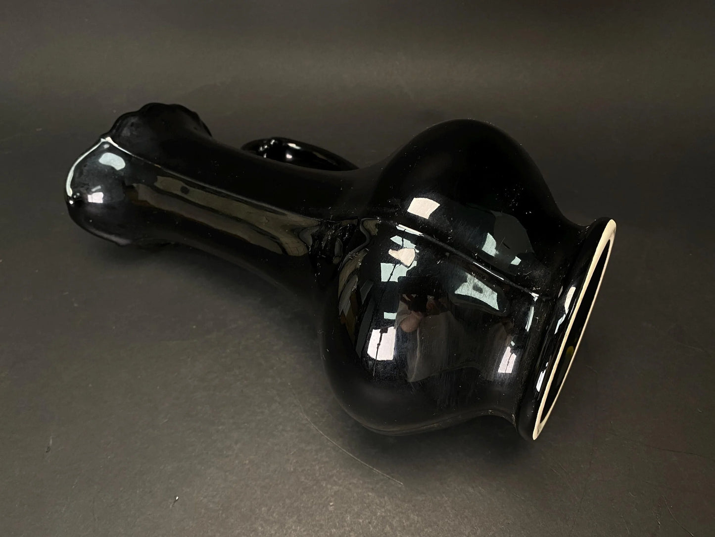 Japanese Big Black Pitcher vintage Vase with side handle, H 11.7" Art Pottery,  Minimal design, bucket with handle