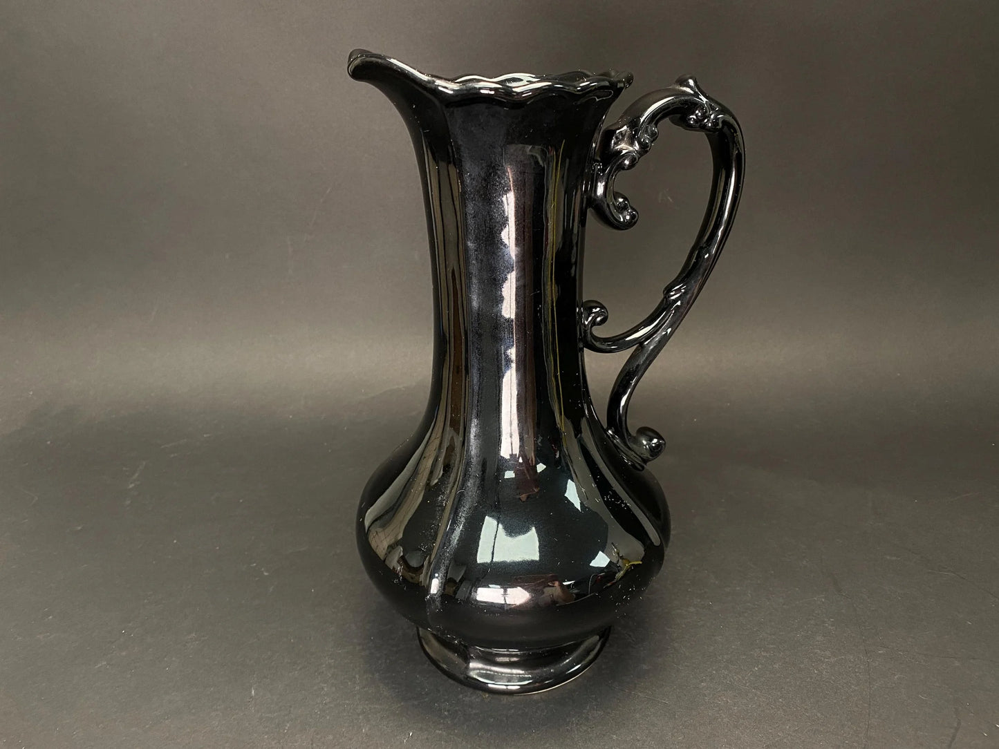 Japanese Big Black Pitcher vintage Vase with side handle, H 11.7" Art Pottery,  Minimal design, bucket with handle