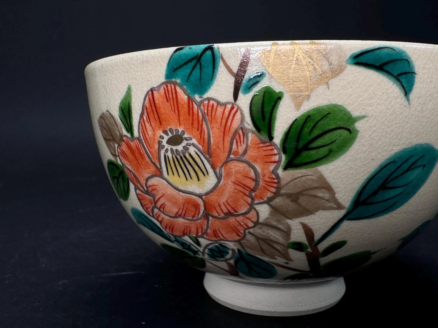 Nippon Kyo yaki ware Chawan, Tsubaki Toon Flower pattern Tea Bowl, Matcha bowl Signed, by Kosen, tea ceremony