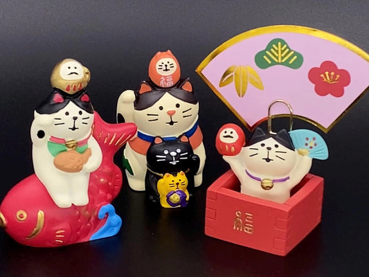 Japanese Decole, Zakka Lucky stacked Cat, NEW, Maneki Neko, Riding Fish Cat, cat ornament, Cat in Masu