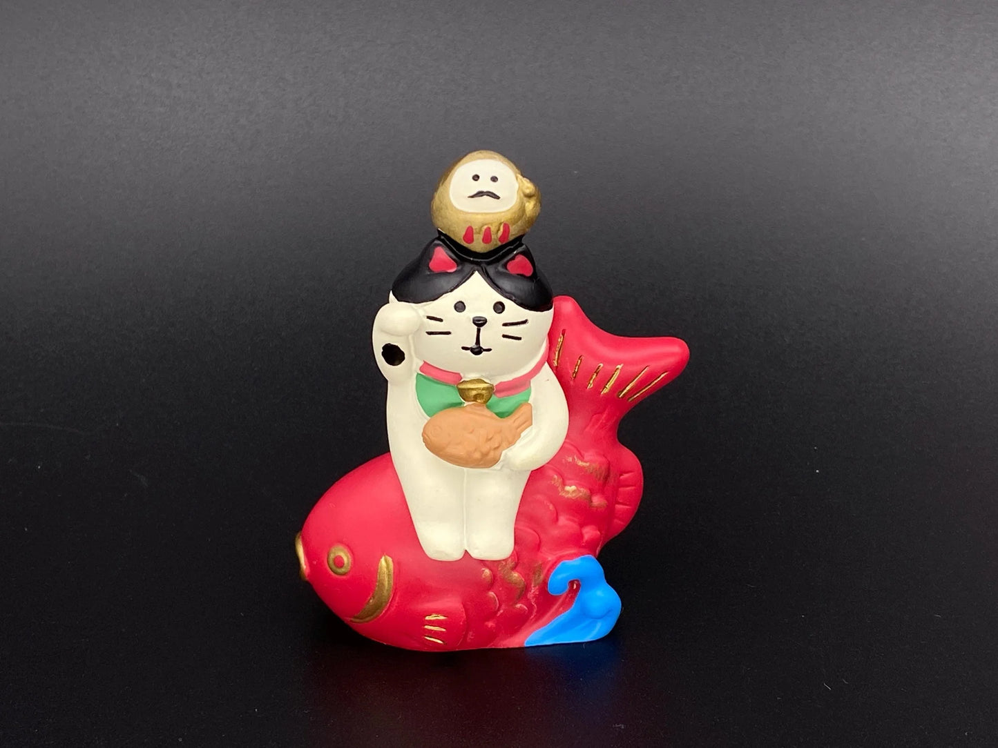 Japanese Decole, Zakka Lucky stacked Cat, NEW, Maneki Neko, Riding Fish Cat, cat ornament, Cat in Masu