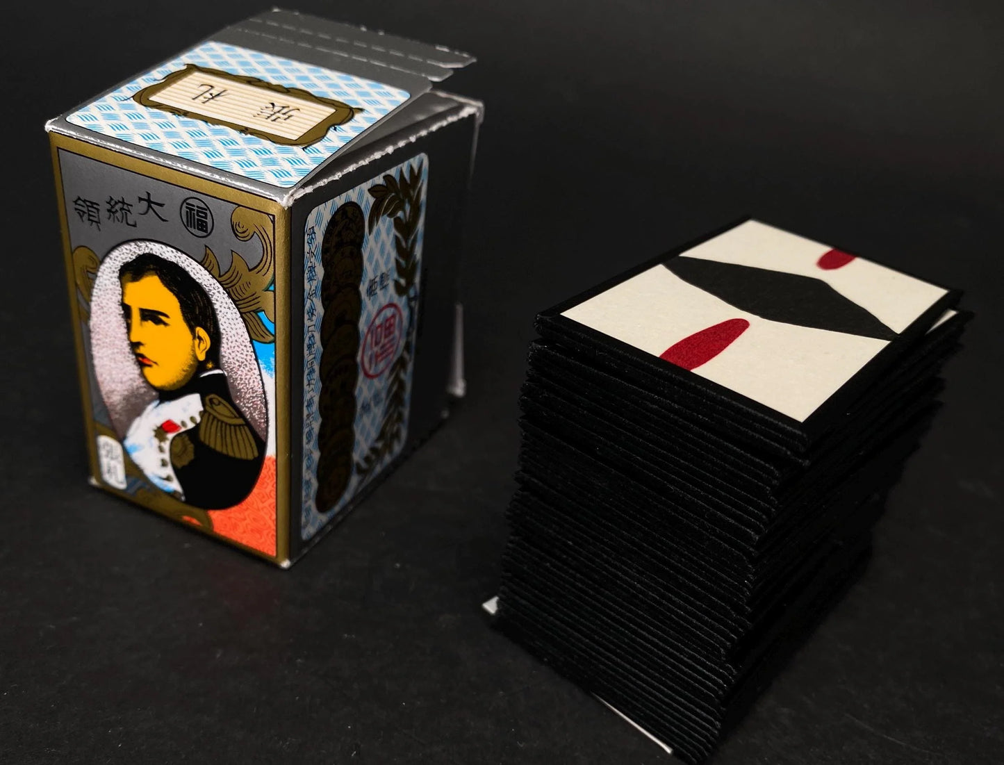 Nintendo Japanese Playing Cards Hikifuda, Harifuda 張札 Daitoryo for Tehonbiki, president tehonbiki cards vintage 70s, Black Deck
