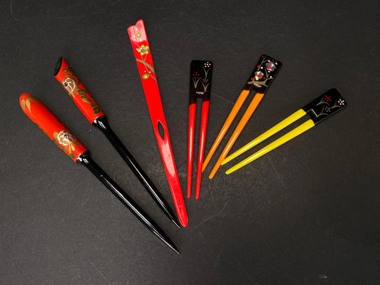 Japanese Kanzashi Kimono Geisha, Red & Black lacquerware hair stick, Tama, Hair Ornament, mother of pearl