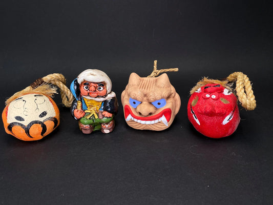 Japanese Clay Bell Vtg Dorei, Halloween, demon clay bell,  Vtg Karura Karasu Tengu Yokai Pottery, Lucky Charm